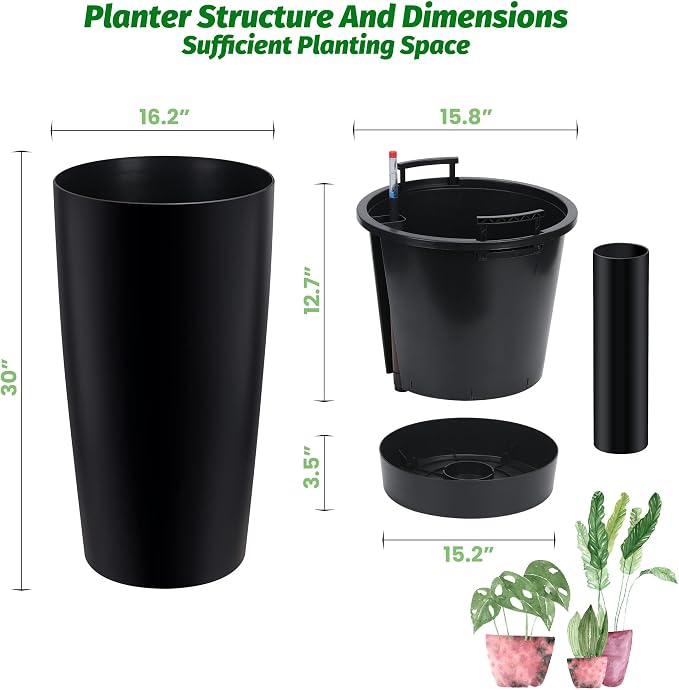 Garvee Tall Planters for Outdoor Plants, 30 in Large Planters Set of 2, Outdoor & Indoor Planters with Water Level Monitor ＆ Inner Bucket, Automatic Watering, for Porch, Patio, Backyard, Black