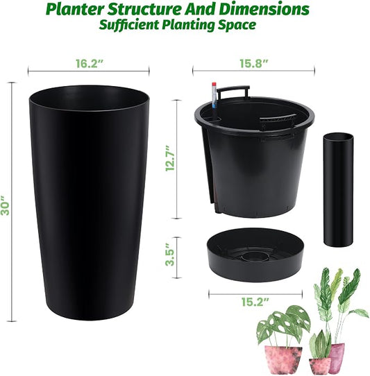 Garvee Tall Planters for Outdoor Plants, 30 in Large Planters Set of 2, Outdoor & Indoor Planters with Water Level Monitor ＆ Inner Bucket, Automatic Watering, for Porch, Patio, Backyard, Black