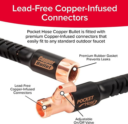 Pocket Hose 50 FT Copper Bullet Expandable Garden Hose w/10 Pattern Thumb Spray Nozzle AS SEEN ON TV 650psi 3/4 in Patented Lead-Free Ultra-Lightweight Solid Copper Anodized Aluminum