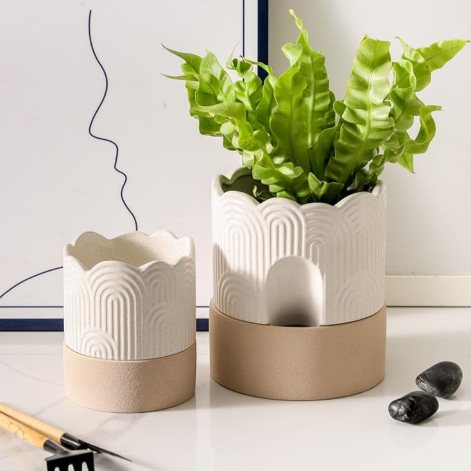 Nihow Ceramic Self Watering Pots for Indoor Plants, 4.5+6 Inch,Beige Set 2 | Visible Water Level Fill Port,Planter with Cotton Wick,Water Storage Plus, Cylinder Round Flower Pot, Succulent/Herbs/Violets
