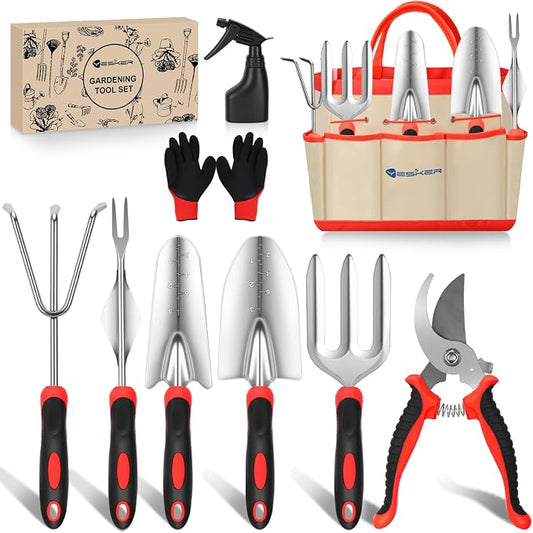 Yesker Gardening Tools 9-Piece Heavy Duty Garden Tool Set Gardening Supplies Gifts for Women Men Gardening Hand Tool Kit with Non-Slip Ergonomic Handle, Garden Bag, Durable Gloves, Pruning Shears, Red