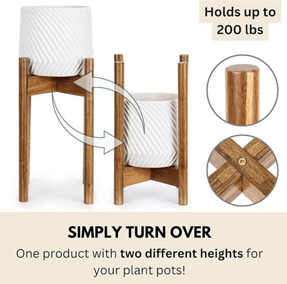 Fox & Fern Adjustable Tall Plant Stand Indoor — 8 to 12 Inch Mid Century Bamboo Plant Stand with Adjustable Width - Plug In Design - Easy to Assemble - Two Heights - For 8, 9, 10, 11 & 12 In Pots