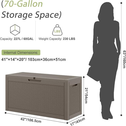 Outdoor Storage Box, Resin Deck Boxes Indoor and outdoor, Waterproof Storage Box Lockable Lid (Grey,70 Gallon)