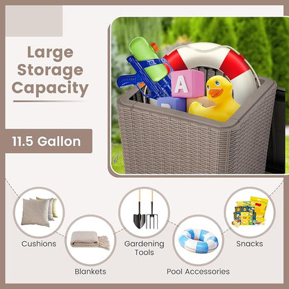 Giantex 11.5 Gallon Deck Box, Outdoor Side Table with Removable Lid, Faux Wicker-Woven, 330Lbs Capacity, Outside Waterproof Storage Box, Resin Rattan Small Coffee Table for Patio Poolside (Brown)