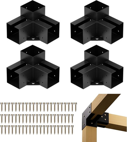 Pergola Brackets Kit 4x4 (Inner Size 3.7x3.7), 4 Pack 3-Way Heavy Duty 90° Right Angle Corner Brackets for DIY Woodworks, Easy Install Pergola Kit for Patio, Gazebos, and Outdoor Structures
