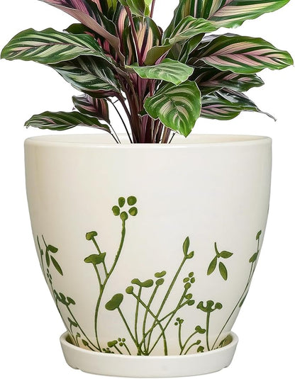 MPotTo Ceramic Plant Pot, 6.8 Inch, White | Indoor Flower Pot, Drainage Hole and Saucer, Decorative Boho Round, Outdoor Indoor Planter