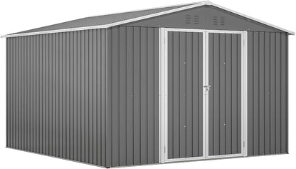 YOPTO 10×10 FT Outdoor Storage Shed,Metal Aluminum Waterproof Tool Sheds with Doors and Vents,Heavy-Duty Sheds Unit W/Lock and Key,for Storing Bicycles,Lawnmowers,Barbeques,Gray