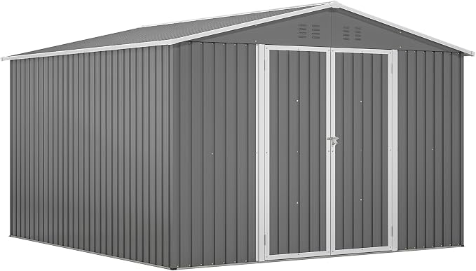 YOPTO 10x10 FT Outdoor Storage Shed,Large Metal Tool Sheds with Updated Frame Structure and Lockable Doors, Garden Shed for Backyard Patio Lawn,Grey