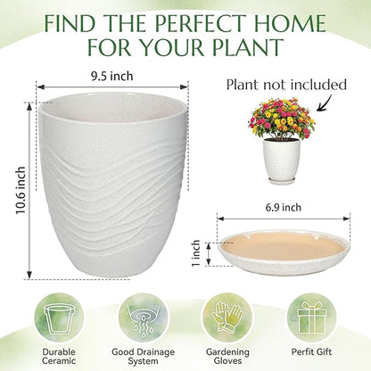 9.5 Inch Flower Pots for Indoor Plants,Ceramic Planter with Saucer Drainage Leak-Proof Mesh Gardening Gloves (Water-Ripple White)