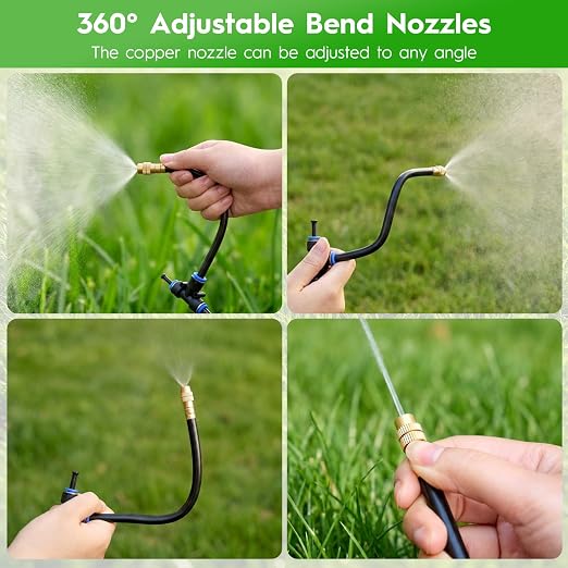 100Ft 360° Adjustable Drip Irrigation System Kit, 1/4 Inch PE Tubing with 20 Bendable Nozzles, Automatic Garden Watering System for Greenhouse, Lawn, Raised Bed, Flower Bed