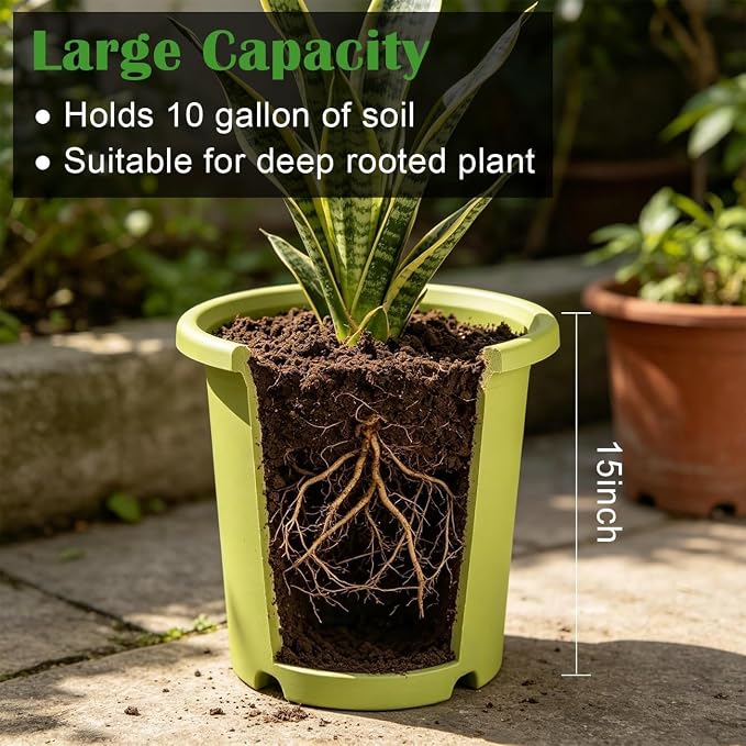 4-Pack 16 inch Large Deep Planters for Outdoor Plants -Light Green Plastic Plant Pots with Drainage Holes & Elevated Base for Root Aeration, 10-Gallon Heavy-Duty Garden Flower Pots, 16"W× 15"H