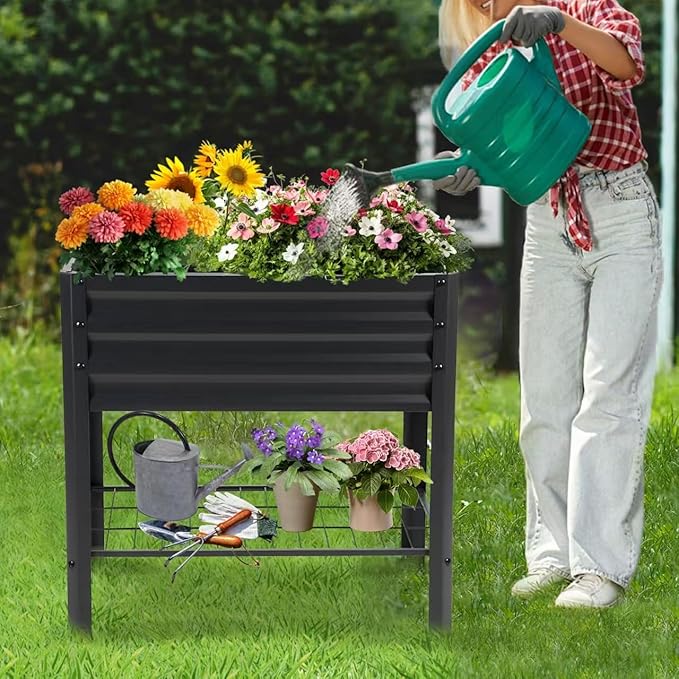Raised Garden Bed with Legs and Shelf, 2pcs 32"x20"x31.5" Powder Coated Elevated Metal Planter with Legs for Outdoor Vegetables, Standing Raised Beds for Balcony, Patio, Lawn and Backyard