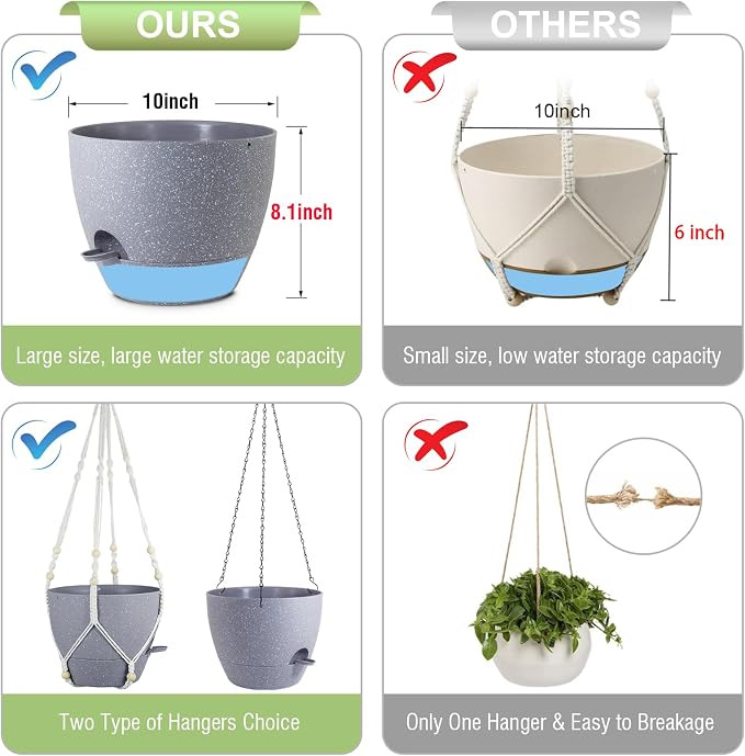 Meowell Self Watering Hanging Planters 10 inch, 2 Pack Hanging Flower Pots for Indoor Outdoor Plants, Hanging Baskets with Drainage Holes & 2 Kinds of Plant Hangers for Garden Decor, Speckled Grey