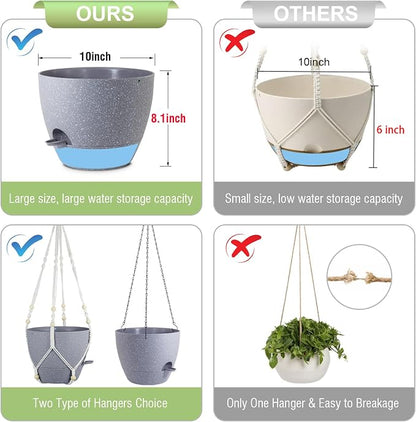 Meowell Self Watering Hanging Planters 10 inch, 2 Pack Hanging Flower Pots for Indoor Outdoor Plants, Hanging Baskets with Drainage Holes & 2 Kinds of Plant Hangers for Garden Decor, Speckled Grey