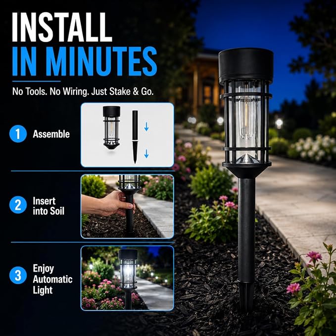 ILANCK 8 Pack Solar Lights Outdoor Parhway, Metal & Glass 21" Large Solar Pathway Lights, Solar Powered Garden Lights for Yard, Landscape, Driveway Walkway