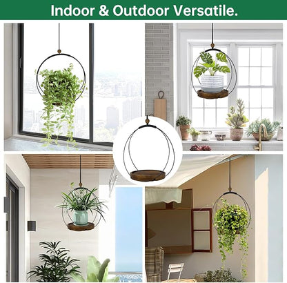 hismocal Hanging Planters for Indoor Plants,Plant Hanger with Sturdy Wood Base,Modern Boho Macrame Plant Hanger,Wall Ceiling Window Stands(Plants/Pots Not Included) (2 Pack-Circle)