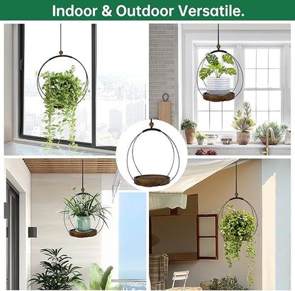 hismocal 4-Pack Hanging Plant Shelves, Wood Plant Display for 5.5" Pots | Solid Wood, Adjustable Rope, Fits Pots up to 5.5", 4-Pack