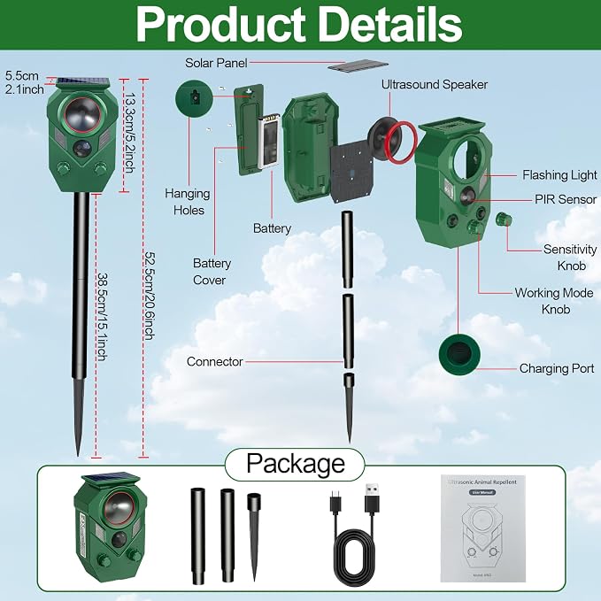 Ultrasonic Animal Repeller Outdoor,Cat Repellent & Deterrent with PIR Sensor & Flashing Light,Solar Powered Deer Repellent Device for Squirrels,Raccoons,Skunks,Rabbits,and Dog,IP65 Waterproof - 1 Pack