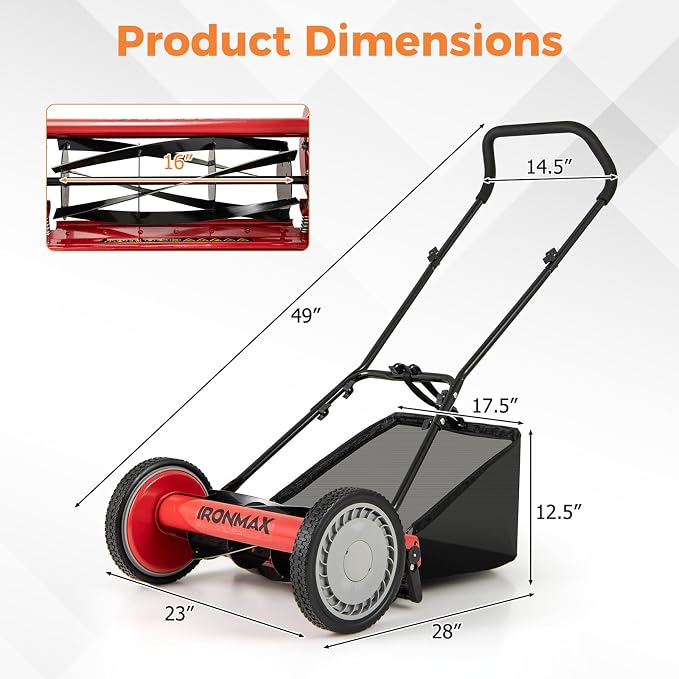 IRONMAX Lawn Mower, 16 Inch Push Reel Lawn Mower with 5 Steel Blades, Adjustable Cutting Heights, Grass Catcher Bag, Walk-Behind Manual Lawnmower for Garden Park Yard, No Motor (Red, 16 Inch)