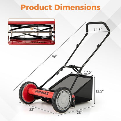 IRONMAX Lawn Mower, 16 Inch Push Reel Lawn Mower with 5 Steel Blades, Adjustable Cutting Heights, Grass Catcher Bag, Walk-Behind Manual Lawnmower for Garden Park Yard, No Motor (Red, 16 Inch)