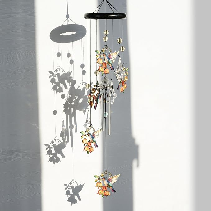 YU FENG Hummingbird Wind Chime, Orange Flower Memorial Suncatcher | 27 Inch Metal Wind Chime, Colorful Flower Design, Sympathy Gift For Women Mom Grandma, Outdoor Garden Decoration