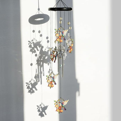 YU FENG Hummingbird Wind Chime, Orange Flower Memorial Suncatcher | 27 Inch Metal Wind Chime, Colorful Flower Design, Sympathy Gift For Women Mom Grandma, Outdoor Garden Decoration