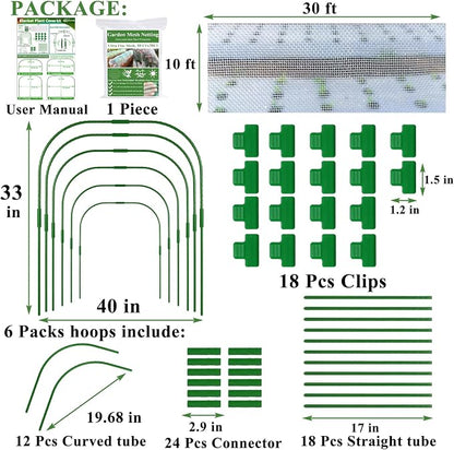 Garden Mesh Netting Kit, 10 * 30FT Ultra Fine Netting Plant Covers with 6 Pcs Wide Garden Hoops & 18 Clip, Garden Netting Kit for Raised Beds Plants Greenhouse Row Cover Barrier Protection Net
