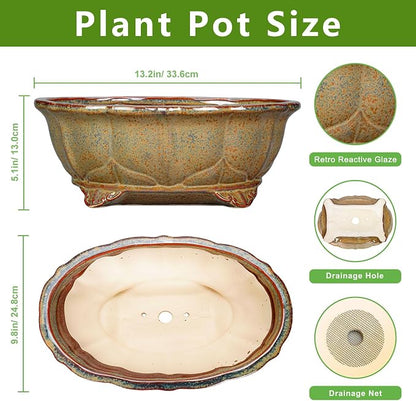 13.2 Inch Bonsai Planter - Ceramic Bonsai Pots with Drainage Hole, Succulent Pots for Indoor Outdoor Plants, Shallow Succulent Planters, Garden Decor, Gifts for Gardeners, Oval Yellowish Brown