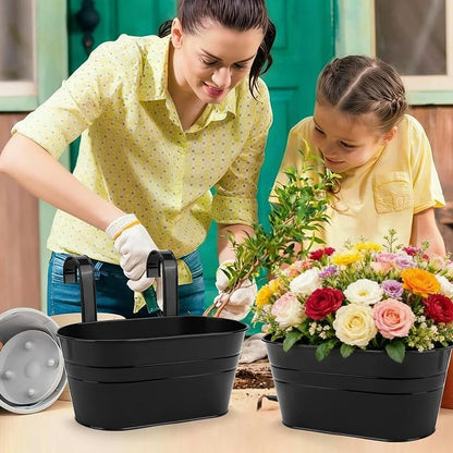RIOGOO Flower Pots Metal Iron Hanging Flower Pots Garden Pots Balcony Planters Metal Bucket Flower Holder Wall Hanging Decorative Pot - Removable Hook (4 Pieces) (Black)