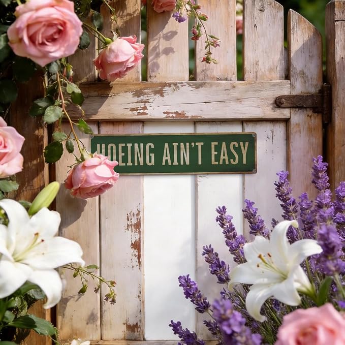 Funny Garden Metal Tin Sign, Hoeing Ain't Easy Sign, Vintage Farmhouse Outdoor Wall Decor, for Porch Yard Patio, Ideal for Garden Lovers, 15.7 x 3.9 Inches