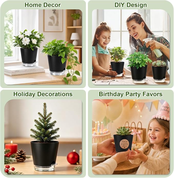 QRRICA 5/5.5/6/6.5/7/8 inch Self Watering Pot Set, Visible Water Level Planter with Transparent Reservoir & Drainage Holes, Plastic Flower Pots with Cotton Rope for Indoor/Outdoor Use (Black)