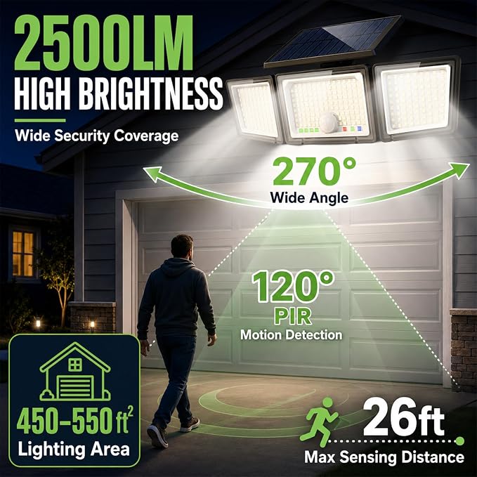 Solar Outdoor Lights Motion Sensor, 2500LM 286 LED Security Flood Lights with Visual Battery & Mode Display, 3 Lighting Modes, IP65 Waterproof 3-Head Wide Angle for Garage, Yard, Patio (4 Pack)