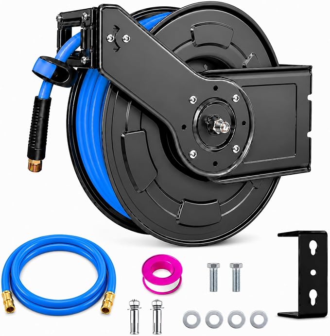 Heavy Duty Retractable Air Hose Reel, 1/2 IN x 50 FT Hybrid Air Hose, Max 300PSI Air Compressor Hose Reel with Auto Rewind, Ceiling/Wall Mount Single Arm Premium Steel Reel for Garage Workshop