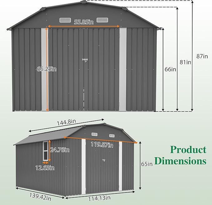 YOPTO 10×12 FT Outdoor Storage Shed,Heavy-Duty Metal Shed with Floor Base,All Weather Waterproof Tool Shed W/Diamond Roof & Windows,Lockable Double Door & 4 Air Vents,for Backyard,Patio,Lawn,Gray