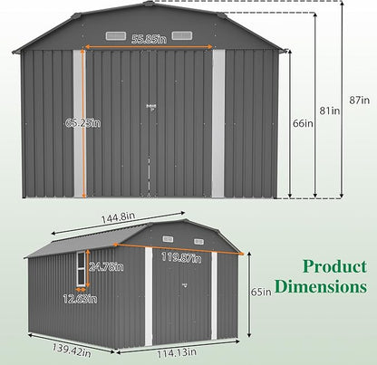 YOPTO 10×12 FT Outdoor Storage Shed,Heavy-Duty Metal Shed with Floor Base,All Weather Waterproof Tool Shed W/Diamond Roof & Windows,Lockable Double Door & 4 Air Vents,for Backyard,Patio,Lawn,Gray
