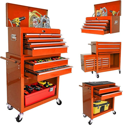 8-Drawer Tool Chest, Detachable Top Box for Garage,Orange | Rolling Mobile Storage Cabinet Organizer with Lockable Wheels for Workshop Utility, Heavy Duty Metal Construction