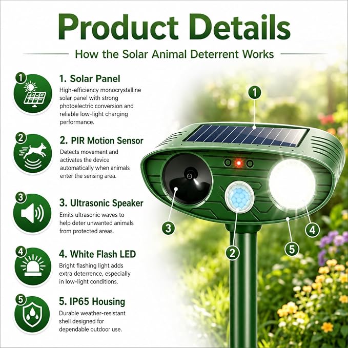 2 Pcs Upgraded Sonic Deer Repellent Devices,Solar Ultrasonic Animal Repellent Outdoor for Racoons,Squirrels,Cats,Rabbits &Foxes,Waterproof Flashing Light Motion Sensor Animal Deterrent for Garden Yard