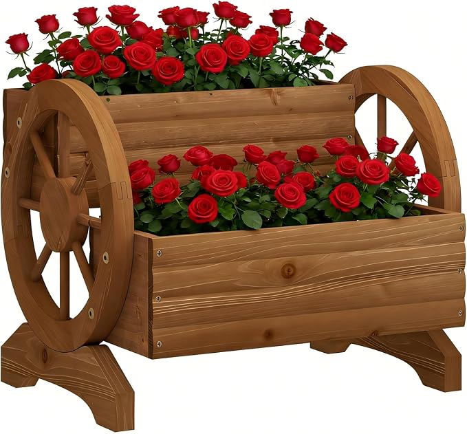 Wooden Wagon Planter Flower Cart with Wheels Garden Box Garden Planter, Decorative Planter for Flowers Herbs Vegetables for Indoor & Outdoor Décor Flower Cart for Patio Garden Balcony (Brown)