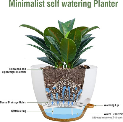Meowell 12 inch Large Self Watering Pots for Indoor Outdoor Plants, Plant Pots with Mesh Drainage Holes for Garden House Plants, Plastic Planters with Reservoir for Flower Plants, White with Brown