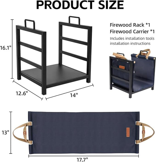 Firewood Rack Indoor Outdoor with Firewood Carrier, Fireplace Wood Log Holder Heavy Duty Metal, Indooor Firewood Holder for Fireplace Wood Storage, 16 inch, Navy