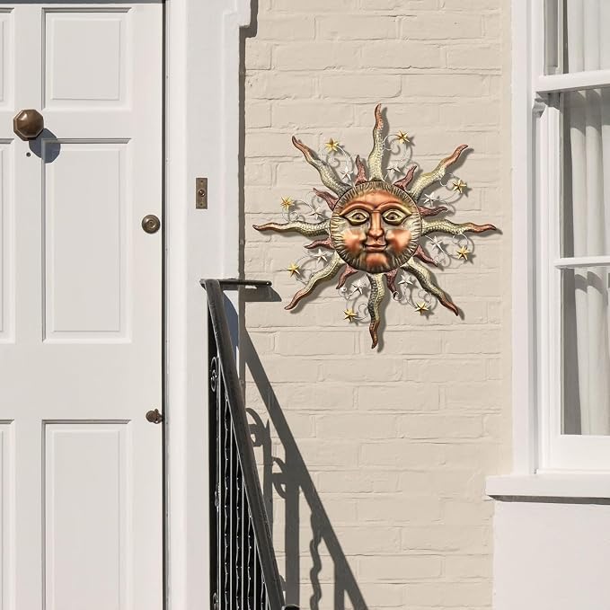 TERESA'S COLLECTIONS Sun Metal Wall Art for Outdoor Decor,21" Bronze Sun Face 3D Wall Decor for Garden Decor,Rustic Retro Hanging Sculpture for Outside Living Room Home Patio Farmhouse Gifts for Mom