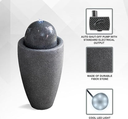 XBrand 26" Modern Sphere Water Fountain with LED Light – Indoor Outdoor Stone Texture Floor Fountain, Zen Bubbling Ball Water Feature for Garden Patio Porch - Gray