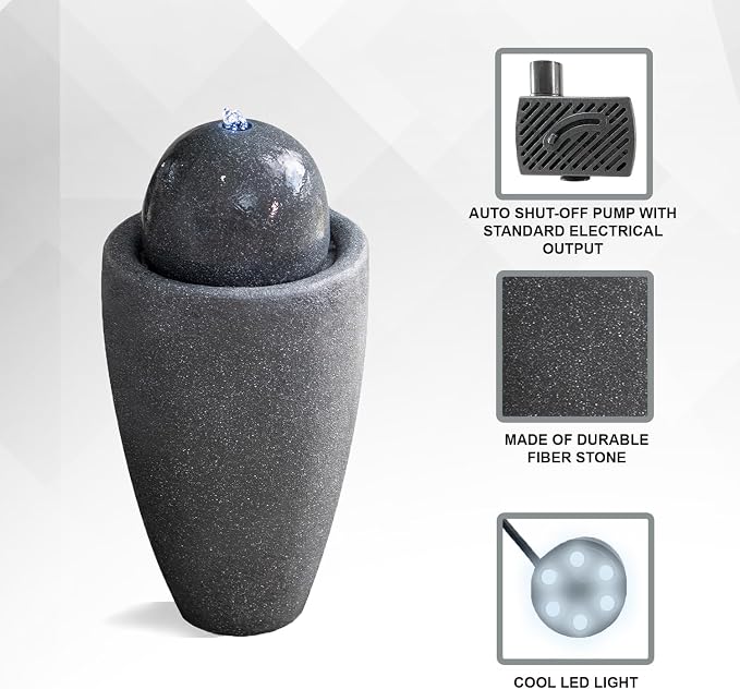 XBrand 25.98" Modern Sphere Water Fountain with LED Light – Indoor Outdoor Stone Texture Floor Fountain, Zen Bubbling Ball Water Feature for Garden Patio Porch - Gray