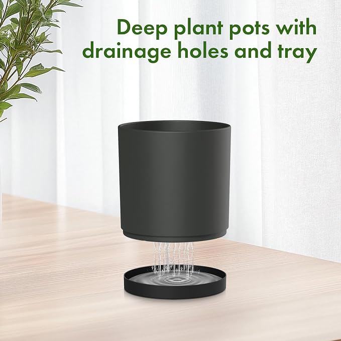 Meowell 12/10/8 inch Large Deep Plant Pots, 3 Pack Tall Cylinder Flower Pots for Outdoor Indoor Plants, Plastic Planters with Drainage Holes and Saucers for Garden Porch House Plants, Black