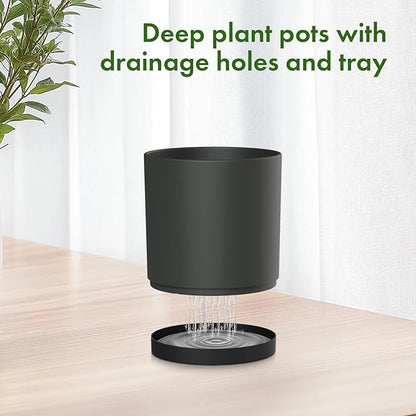 Meowell 8/7/6 inch Plant Pots, 3 Set Cylinder Flower Pots for Outdoor Indoor Plants, Decorative Plastic Planters with Drainage Holes and Saucers for Garden House Plants, Black