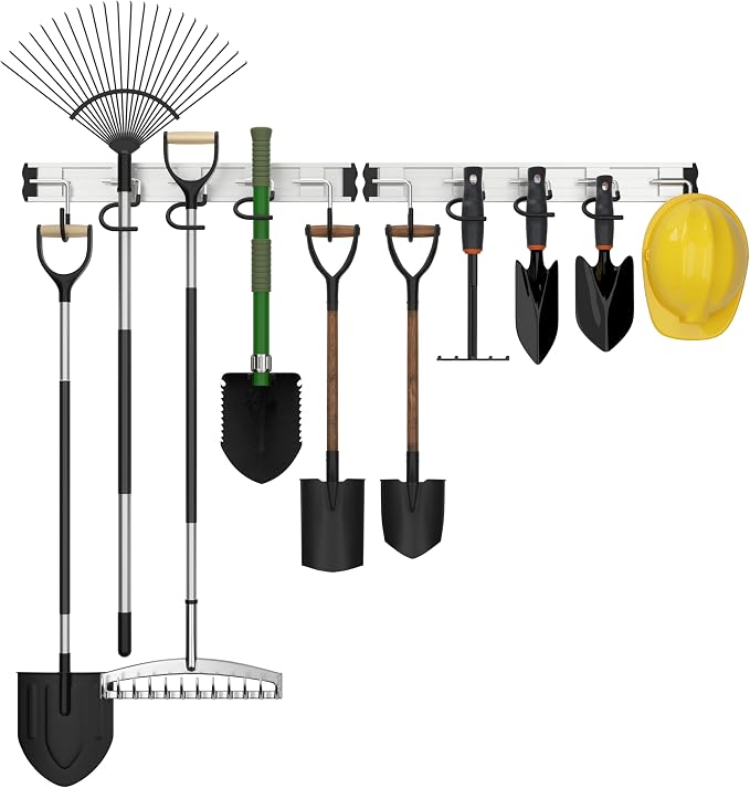 HUPBIPY 34.5'' Aluminum Alloy Garden Tool Organizer Wall Mount Garage Organizers and Storage with Hooks Tool Hangers for Shed Hooks for Shovel, Rake, Broom & More