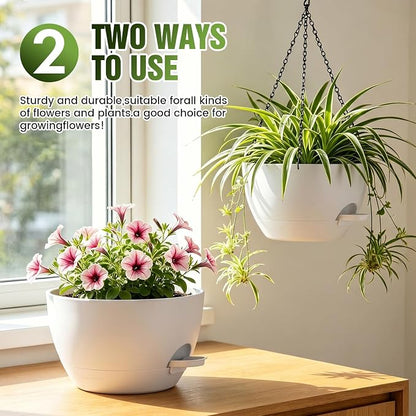 12 Inch Large Self Watering Hanging Planters 2 Pack with Saucers | Set of 2 12-inch self-watering hanging planters with extra soil capacity, side-fill ports, chain hangers & snap-on saucers