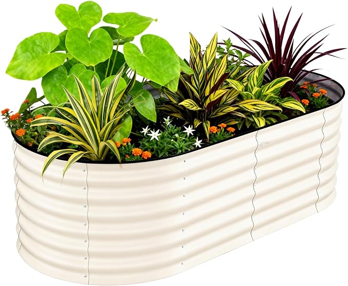 GarveeTech Oval Raised Garden Bed 6x3x2 ft - 0.6mm Thick Metal Raised Bed, Rust & Corrosion Resistant, Open Bottom for Drainage, Anti-Cut Strip Included, for Vegetables Flowers Planting, Beige