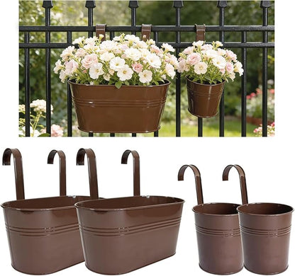 Pack of 4 Metal Hanging Planters for Outdoor Plants, 2 Pcs 4" Round Railing Planter & 2 Pcs 10" Oval Fence Flower Pots for Balcony Garden Decor, Chocolate