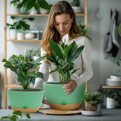 Koalaime 8/10/12 Inch Pots for Indoor Plants, Large Self Watering Planters with Drainage and Saucers, Plastic Outdoor Flower Pot, Set of 3, Green